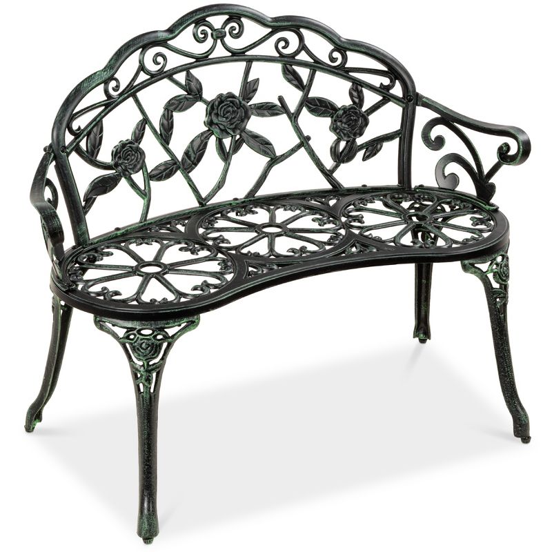 Best Choice Products Outdoor Bench Steel Garden Patio Porch Furniture w/ Floral Accent, Antique Finish, 1 of 10