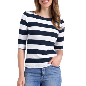 INSPIRE CHIC Women's Stripes Casual Basic Elbow Sleeves Boat Neck Slim Fit T-Shirts - 1 of 4