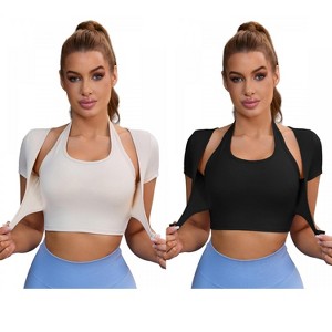 INSPIRE CHIC 2 Pcs Women's Halter Neck Short Sleeve Workout Crop Front Closure Slim Fit Fitness T Shirts - 1 of 4