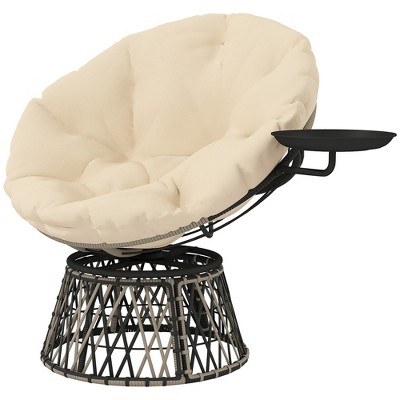 Outsunny Outdoor Papasan Chair with Side Tray, 360° Swivel Overstuffed Circle Chair with Thickened Cushion, Steel Frame for Indoor, Patio, Beige