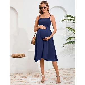 Maternity Summer Dress Sleeveless Smocked Square Neck Adjustable Spaghetti Strap Midi Dress Photoshoot - 1 of 4