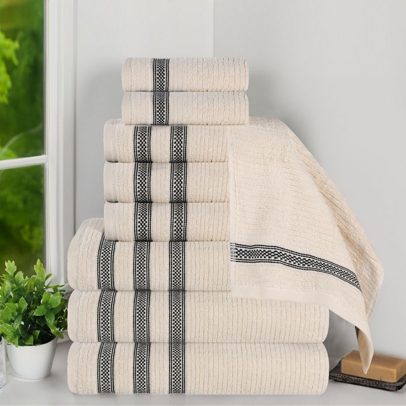 Zero Twist Cotton Ribbed Modern Geometric Border Assorted 9 Piece Bathroom Towel Set by Blue Nile Mills, 2 of 9