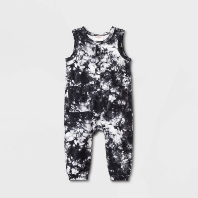 Image of Baby Tie-Dye Henley Romper - Cat & Jack™ Dark Gray 0-3M