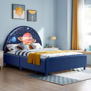Costway Kids Upholstered Platform Bed Children Twin Size Wooden Bed Galaxy Pattern