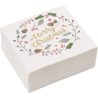 Juvale 50 Pack Christmas Paper Napkins, Merry Christmas Design Holiday Party Supplies, 5 x 5 Inches Christmas Cocktail Napkins