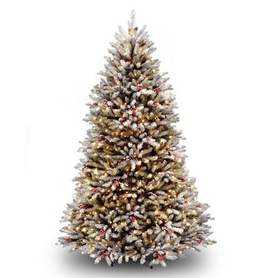 7ft National Christmas Tree Company Pre-Lit Dunhill Fir Hinged Full Artificial Christmas Tree with Snow, Red Berries, Cones with Clear Lights