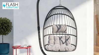 Gray Wicker Hanging Egg Chair with Cushions and Stand