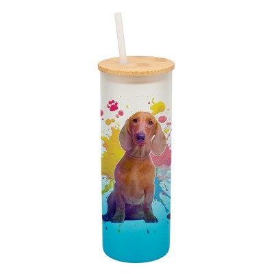 100 North 25 Ounce Frosted Glass Gradient Travel Tumbler With Straw & Wooden Lid, Dachshund Dog Paint Splatter Sky Blue