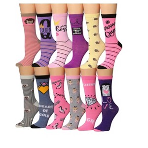 Tipi Toe Women's 12 Pairs Lightweight Colorful Queen Love Patterned Words Crew Socks - 1 of 4