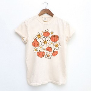 Simply Sage Market Women's Circle Pumpkin Flowers Short Sleeve Garment Dyed Tee - 1 of 2