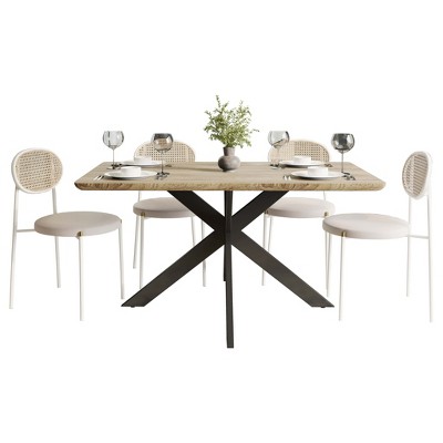 LeisureMod Ravenna 5-Piece Dining Set - 63" Rectangular MDF Top Dining Table in Maple & 4 Velvet Dining Chairs in White Steel Legs
