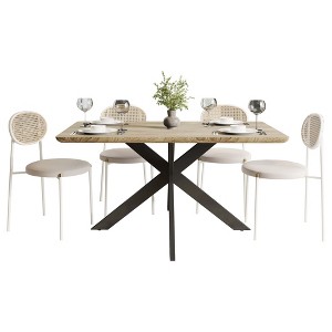 LeisureMod Ravenna 5-Piece Dining Set - 63" Rectangular MDF Top Dining Table in Maple & 4 Velvet Dining Chairs in White Steel Legs - 1 of 4