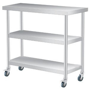 Stainless steel coffee table, three-tier metal preparation counter with two lower shelves and gloves, suitable for various work locations. - 1 of 4