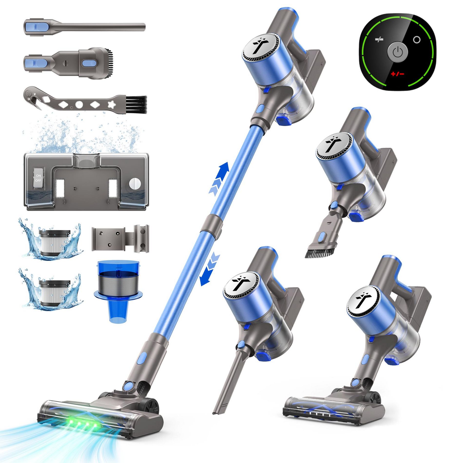 Teendow Cordless Vacuum Cleaner,50KPa Lightweight Stick Vacuum with Water Tank, 300W Brushless Motor,Self-Standing Design,Hardwood Floor Vacuum,Blue