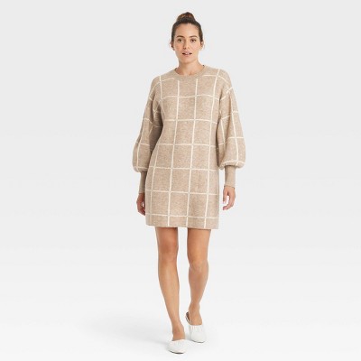 Women's Long Sleeve Sweater Dress - A New Day™ Beige Plaid L