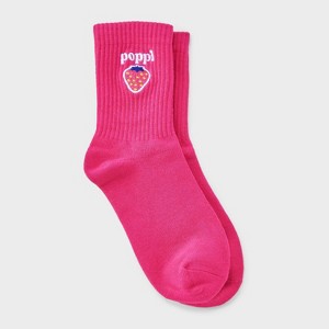 Adult Poppi Strawberry Graphic Crew Socks - Pink: Ankle Height, Flat Seams, Knit Design - 1 of 4