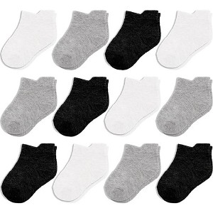 Cozyway Ankle Cotton Toddler Socks - 12 Pack Stretch Toddler Girl Socks, Toddler Boy Socks, Black/White/Dark Gray, 1T-3T, Unisex - 1 of 4