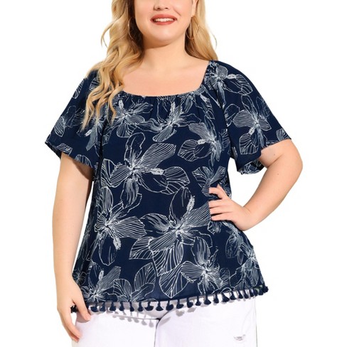 Agnes Orinda Women's Plus Size Floral Tassel Hem Blouses Navy Blue 3x : Target