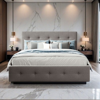 Queen Size Platform Bed with 4 Drawers and Twin Trundle, Upholstered Linen Fabric Platform Bed Frame with Classic Headboard- Leovsnove