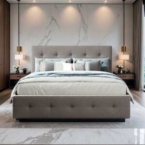 Queen Size Platform Bed with 4 Drawers and Twin Trundle, Upholstered Linen Fabric Platform Bed Frame with Classic Headboard- Leovsnove - 1 of 4