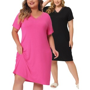 Agnes Orinda Women's Plus Size Solid Short Sleeves Lace Neck Comfort Nightgowns - 1 of 4