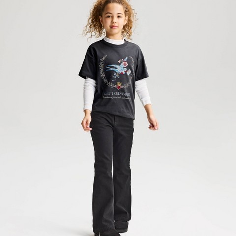 Детские футболки Cat & Jack Girls' Short Sleeve 100% Cotton Bird Oversized Graphic T-Shirt - Cat & Jack™ Black M