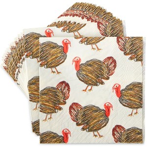 Blue Panda 100-Pack Thanksgiving Turkey Disposable Paper Cocktail Napkins for Autumn Party Supplies - 1 of 4