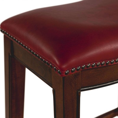 Transitional Red Leather & Wood 24" Saddle Counter Stool