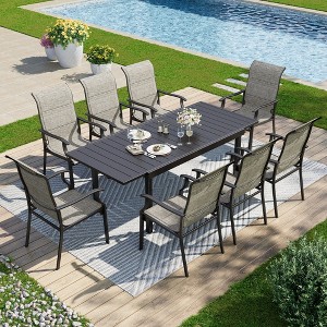 Captiva Designs 9pc Patio Spacious Black Steel Dining Table & High Back Padded Grayish Brown Sling Armrest Chairs - 1 of 4
