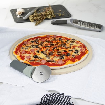 Large Beige Cordierite Pizza Set with Stainless Steel Cutter and Grater