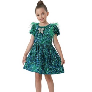 2Bunnies Girls' Christmas New Year Holiday Party Sequin Dress Feather Sleeve - 1 of 4