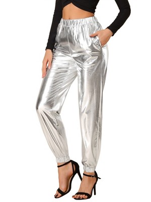 INSPIRE CHIC Women's Metallic Shiny Sparkle Elastic Waist Pants