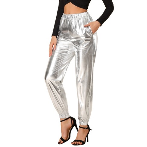 Shiny Statement Silver Sequin High-Waisted Flare Pants