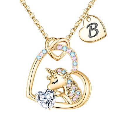 Turandoss Gold Heart Unicorn Necklace for Girls - Initial Zircon Pendant Necklace for Kids 4 -13 Year Old, Unicorn Birthday Gifts for Girls, 18+2.5In