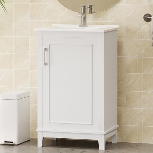 FAMYYT Single Sink Freestanding White Bath Vanity with White Ceramic Top, Double Shelves - 1 of 4