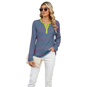 Coolmee Womens Long Sleeve Henley T Shirts Button Ribbed Knit Stripe Slim Fitted Tee Tops Basic Casual Work Blouse - 1 of 4
