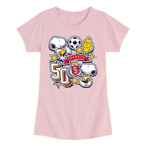 Girls' - Peanuts - Snoopy Soccer Stickers Fitted Short Sleeve Graphic T-Shirt - 1 of 4