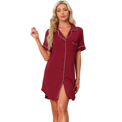 cheibear Women's Notched Collar Button Down Pajama Shirt Dress with Pocket