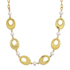 EVERLY JEWELRY |18K Yellow Plated Sterling Silver 6-7mm Cultured Freshwater Pearl and Oval Disc Station Necklace - 20 inch - 1 of 4
