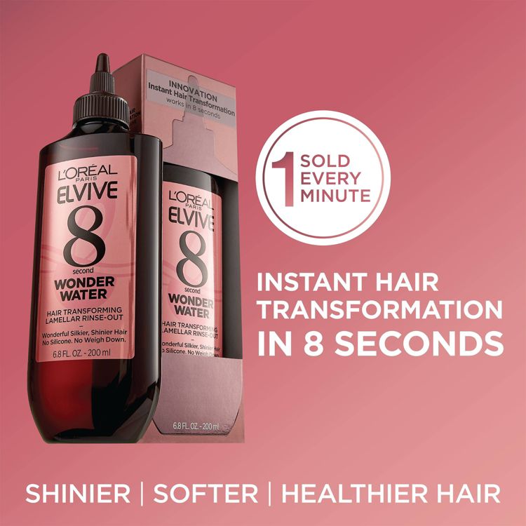 A bottle of L'Oreal Paris Elvive 8 Second Wonder Water, a hair transforming lamellar rinse-out treatment, with text highlighting "Instant Hair Transformation in 8 Seconds" and "1 Sold Every Minute."