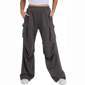Coolmee Women's Cargo Pants Fleece Lined Wide Leg Joggers Baggy Drawstring Sweat Pants with Pockets - 1 of 4