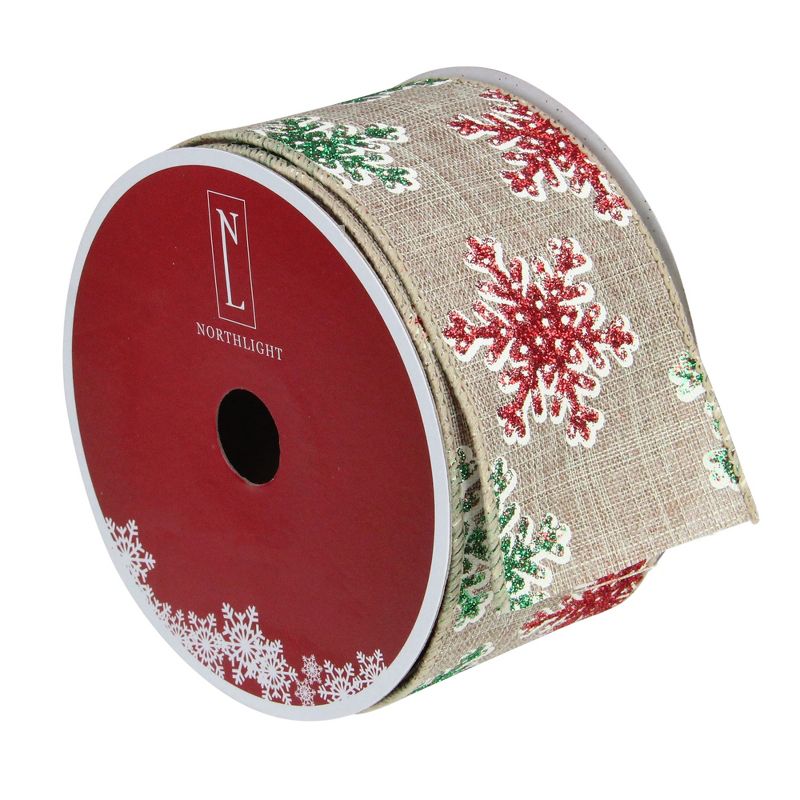 Northlight Red and Green Snowflake Burlap Christmas Wired Craft Ribbon 2.5" x 16 Yards, 3 of 4