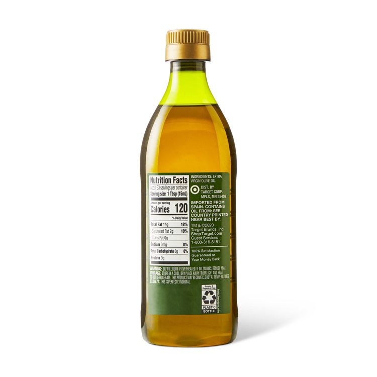 A clear plastic bottle filled with yellow colored oil, featuring a nutrition facts label showing 120 calories per serving and ingredients listed as extra virgin olive oil.
