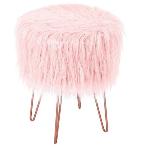 BirdRock Home Faux Fur Foot Stool Ottoman with Wood Legs - Pink