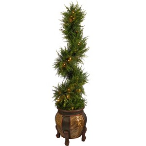 Nearly Natural 4.5-ft Spiral Cypress Artificial Tree in Decorative Planter with 80 Clear LED Lights UV Resistant (Indoor/Outdoor) - 1 of 4