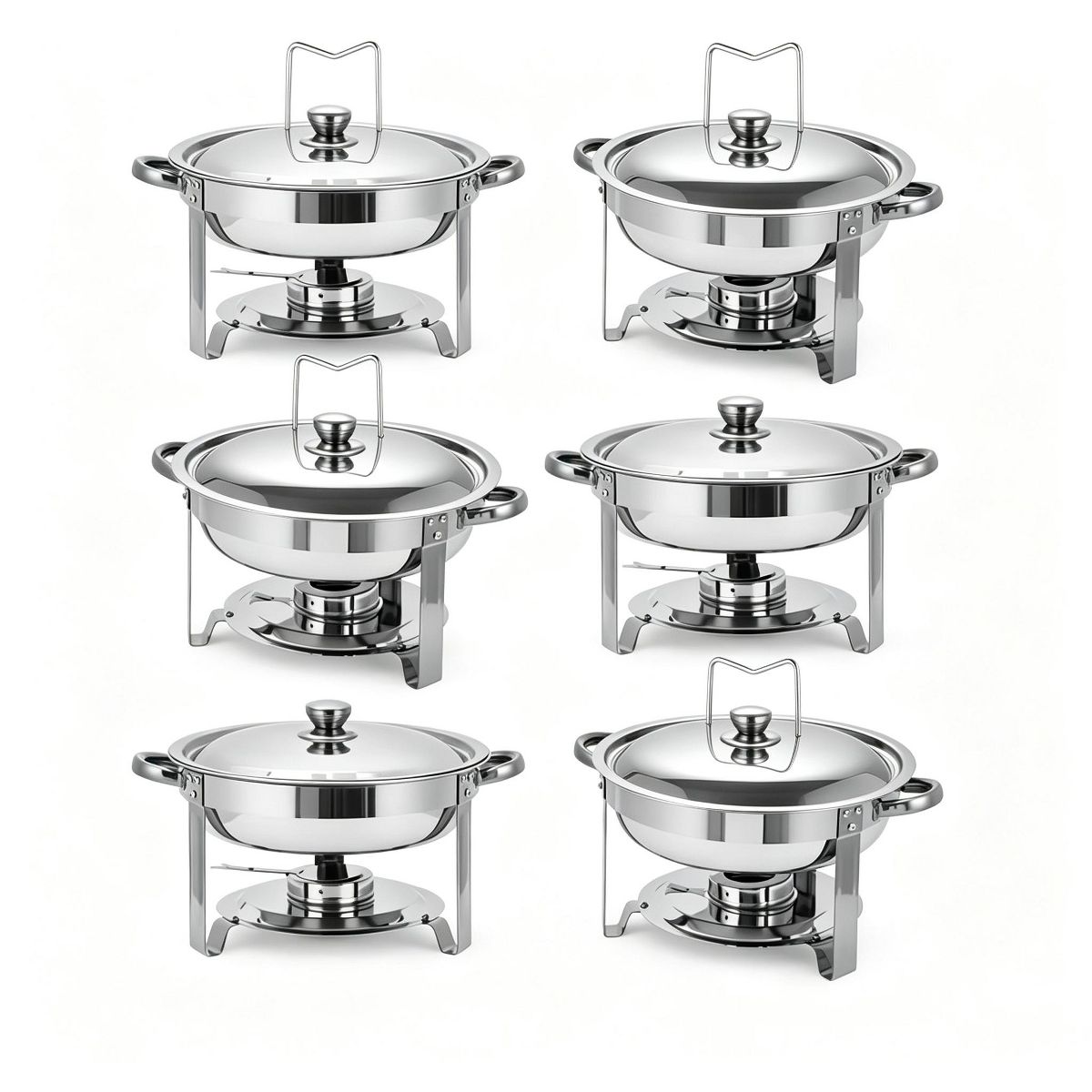 6 Pack Stainless Steel Round Chafing Dish Buffet Set, Full Size Food Warmer Pan, Catering Food Server for Party, Banquet & Event Use