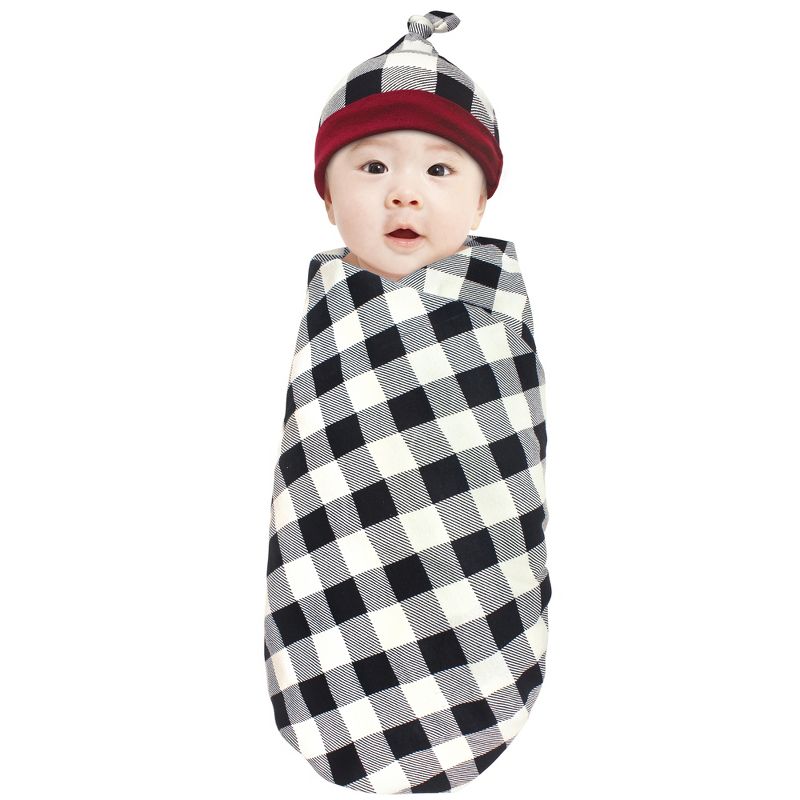Touched by Nature Baby Boy Organic Cotton Swaddle Blanket and Headband or Cap, Black Plaid, One Size, 3 of 6