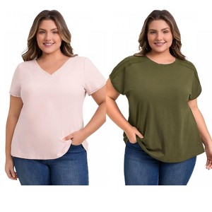 GRACE & GRANDEUR Women's Plus Size 2 Pcs Set Short Sleeve Tops Crochet Trim Dressy Loose Blouses - 1 of 4