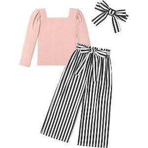 Arshiner Girls Clothing Sets Square Neck Rib Knit Shirts + Stylish Wide Leg Pants + Headband Cute 3pcs Fall Clothes Outfits - 1 of 4
