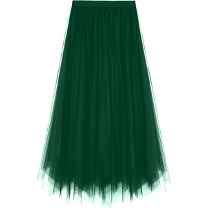 Women's 2-Layer Tulle Midi Skirt - Tiered A-Line Long Skirt with Elastic Waist for Winter Irregular Dark Green - 1 of 4